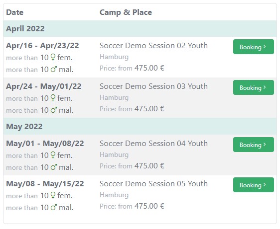Screenshot tables for bookable camps, grouped by month
